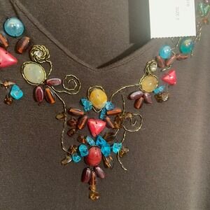 NWT Chico's Calabria Earthy Boho Tee Fudge Brown Beaded V-Neck Size 3